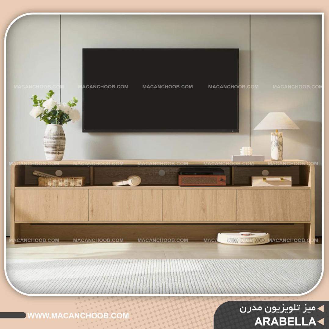 میز تلویزیون چوبی 4 کشو ریلی با بدنه نچرال و حاشیه های کرو شده مدل ARABELLA  